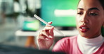 Woman, app designer and thinking with digital pen spin for website, planning or software development in creative office. Female person, UX report and user for problem solving and research update
