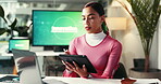 Creative, serious and woman with tablet, project and stylus for web design, illustration and talent. Office, graphic designer and person with skills for business, planning and artist with app