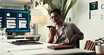 Man, speakerphone call and talking in office with contact, advice and questions at accounting agency. Person, smartphone and communication with audit, discussion and financial review at startup