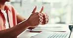 Thumbs up, hands and man with laptop for video call, creative business communication or online connection. Networking, applause and person with computer, webinar or virtual meeting for remote work