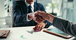 Meeting, data and business people shaking hands in office for b2b deal, financial advice or risk management. Charts, graphs and partnership at desk with handshake, agreement or online progress report