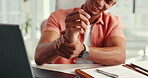 Hurt, wrist and man in office, pain and writer with strain, tension and injury of hand and accident. Discomfort, swollen and person with carpal tunnel syndrome, cramp and employee with inflammation