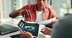Hands, documents and meeting for digital marketing with graphs, discussion and planning at startup. People, teamwork and review with stats, charts and paperwork for feedback at advertising agency
