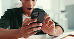 Office, hands and man with phone for good news, announcement or online chat notification. Search, typing and happy person at desk with smartphone, connection and digital communication on mobile app
