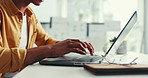 Office, hands and man on laptop for web design, research and online for software tools. Business, freelancer and front end developer with digital for ux information, seo report and review by closeup