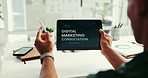 Hands, tablet and screen in office for digital marketing, consultation and website development at company. Person, ux and platform for contact, support and application with review at startup agency