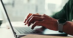 Hands, person and typing on laptop in office of website research, communication and planning schedule. Worker, digital app and networking for email feedback, proposal report and administration update