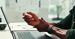 Hands, business and man with wrist pain in office from typing accident, arthritis crisis and medical risk. Person, massage and anatomy emergency of osteoporosis, muscle strain and fibromyalgia injury