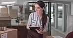 Ecommerce, boxes and woman with tablet in online shop for stock management or inventory inspection. Small business, employee and digital checklist for package distribution or dropshipping information