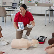 First aid training, people and cpr with demonstration for medical ...