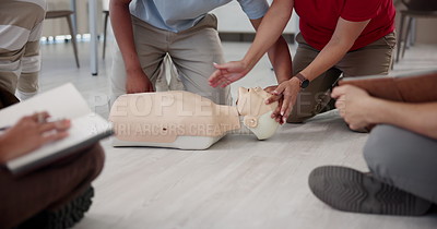 First aid training, people and instructor with demonstration for ...