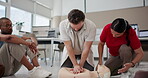 Cpr, training and mannequin with man and instructor for First aid, workshop and learning. Healthcare, safety course and emergency with people in class for paramedic demonstration, teaching and rescue
