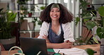 Smile, plant and face with woman in office for inventory management, botany checklist and sustainable business. Eco friendly startup, retail and laptop with person in store for bookkeeping and stock