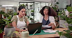 Plant shop, laptop and people with planning for inventory management, pricing documents or administration. Eco friendly startup, women or budget strategy, online order update or supply chain process