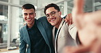 Selfie, face and men in office, friends and celebration for collaboration, bonding and employees. Teamwork, happy and photography for success and profile picture for business and corporate people