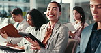 Woman, tablet and smile in audience, business people or training at skills workshop for career development. Person, crowd and group on touchscreen, presentation or application at corporate conference