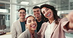 Selfie, face and employees in office, happy and celebration for collaboration, fun and smile. Teamwork, business and photography for success, people and profile picture for colleagues and friends