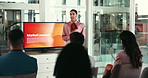 Business people, presentation and group with screen for market leaders, training or coaching as team. Speaker, technology and communication for corporate, office or opportunity in employee engagement