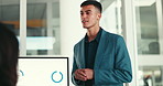 Seminar, screen and man in office for pitch, finance review and discussion for development. Speaker, presentation or people in boardroom for investment proposal, feedback and graph for profit returns