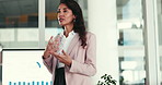 Presentation, screen or woman in office for pitch, finance review or discussion for development. Speaker, seminar or people in boardroom for investment proposal, feedback and graph for profit returns