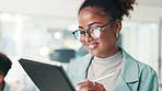 Woman, software developer and writing with tablet for UI testing, UX or app development at office. Female person, web designer or technology with pen for online prototype or AI platform at workplace