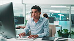 Typing, coding and man on computer for research, project and cybersecurity update in office. Programmer, system or developer with technology for web development, programming and building software