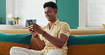 Happy man, couch or phone texting on social media for rest or comfort on weekend in home. Living room, technology and male person with smile on couch for calm peace, message and online dating on app