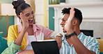 Happy couple, winning or high five with tablet for promotion, deal or good news on sofa at home. Excited man, woman or lovers with smile on technology for income, salary or profit investment at house