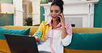 Phone call, laptop and remote work with woman on sofa for networking, client feedback and email update. Freelancer, research and communication with person in living room at home for entrepreneur