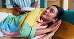 Surprise, breakfast and love with couple on sofa for wake up, valentines day gift and romance. Food, sleeping and happiness with man and woman in living room at home for present, support and relax