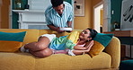 Surprise, food and love with couple on sofa for wake up, valentines day gift and romance. Breakfast, sleeping and happiness with man and woman in living room at home for present, support and relax
