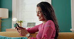 Happy woman, phone and laughing to relax on social media for break on weekend in home on sofa. Humor, technology and male person with smile on couch for meme post, joke and funny video on mobile app