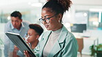 Business, woman and happy with tablet in office for software update, testing application and web development. Programming, person and technology with stylus for database integration or code debugging