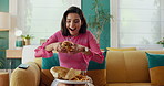 Food delivery, montage and hamburger with woman on sofa for takeaway, shipping and dinner. Online shopping, dance and hungry with person and order in living room at home for meal, cuisine and relax