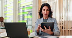 Business, typing and woman in office, tablet and internet with economy analyst, network and digital app. Person, professional and employee with tech, laptop or email with online reading or accounting