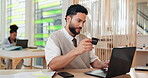 Businessman, laptop or credit card in office for online shopping, subscription payment or happy for deal. Finance manager, plastic or tech in coworking space for ecommerce on company internet banking