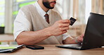 Businessman, laptop or credit card in hand for online shopping, subscription payment or purchase in office. Accountant, plastic or tech in agency for ecommerce, investment or company internet banking