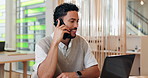 Man, conversation and phone call on laptop in office for planning schedule, financial agenda and contact. Person, online and discussion of budget report, project feedback and proposal advice for deal