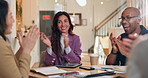 Smile, support and business people in office with applause, finance and happy feedback for ideas development. Celebration, cheers and employees in workshop for achievement, planning and team success