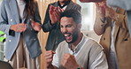 Man, team and applause in office with celebration, support and high five with achievement at media company. Person, group and success with cheers, profit and goals for proposal at creative agency