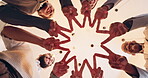 Below, business people and star in office for collaboration, support and growth with trust. Teamwork, corporate group and huddle in agency for synergy, cooperation and community with unity in circle