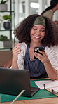 Laughing, browsing and woman with smartphone, small business and smile for positive reviews and online. Joy, reading and entrepreneur with mobile for communication, scroll or funny comments for store