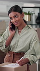 Woman, phone call and distribution for box with writing, label or smile for delivery info for e commerce. Person, smartphone and listen with package, logistics and notes for supply chain at warehouse