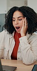 Laptop, music and yawn with business woman at desk in office for administration or deadline. Exhausted, fatigue and tired with design employee in creative workplace for online planning or research
