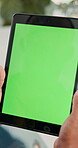 Hands, person and tablet with green screen at house of online shopping, ecommerce website and search. Customer, digital and mockup space with communication, social media order and information service