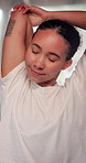 Fitness, yoga and woman stretching for meditation, wellness and zen in living room. Girl, pilates and yogi for flexibility, peace and self care with chakra, spiritual balance or mindfulness warm up