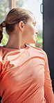 Yoga, workout and woman in class stretching for wellness, health and balance in gym studio. Stress relief, pilates and person warm up for exercise, fitness and workout for mindfulness, peace and calm