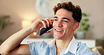 Phone call, smile and thinking with man in living room of home for communication or conversation. Contact, relax or planning and happy person speaking with mobile on sofa in apartment for break