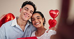 Happy couple, hug and valentines day with selfie or gift for romance, holiday or love at home. Portrait, man and woman with smile or heart for photography, picture or memory of romantic relationship