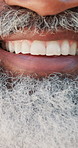 Closeup, dental health and senior man with smile, oral hygiene and grooming. Pensioner, clean mouth and elderly guy with gray beard, treatment and gum maintenance with wellness and teeth whitening